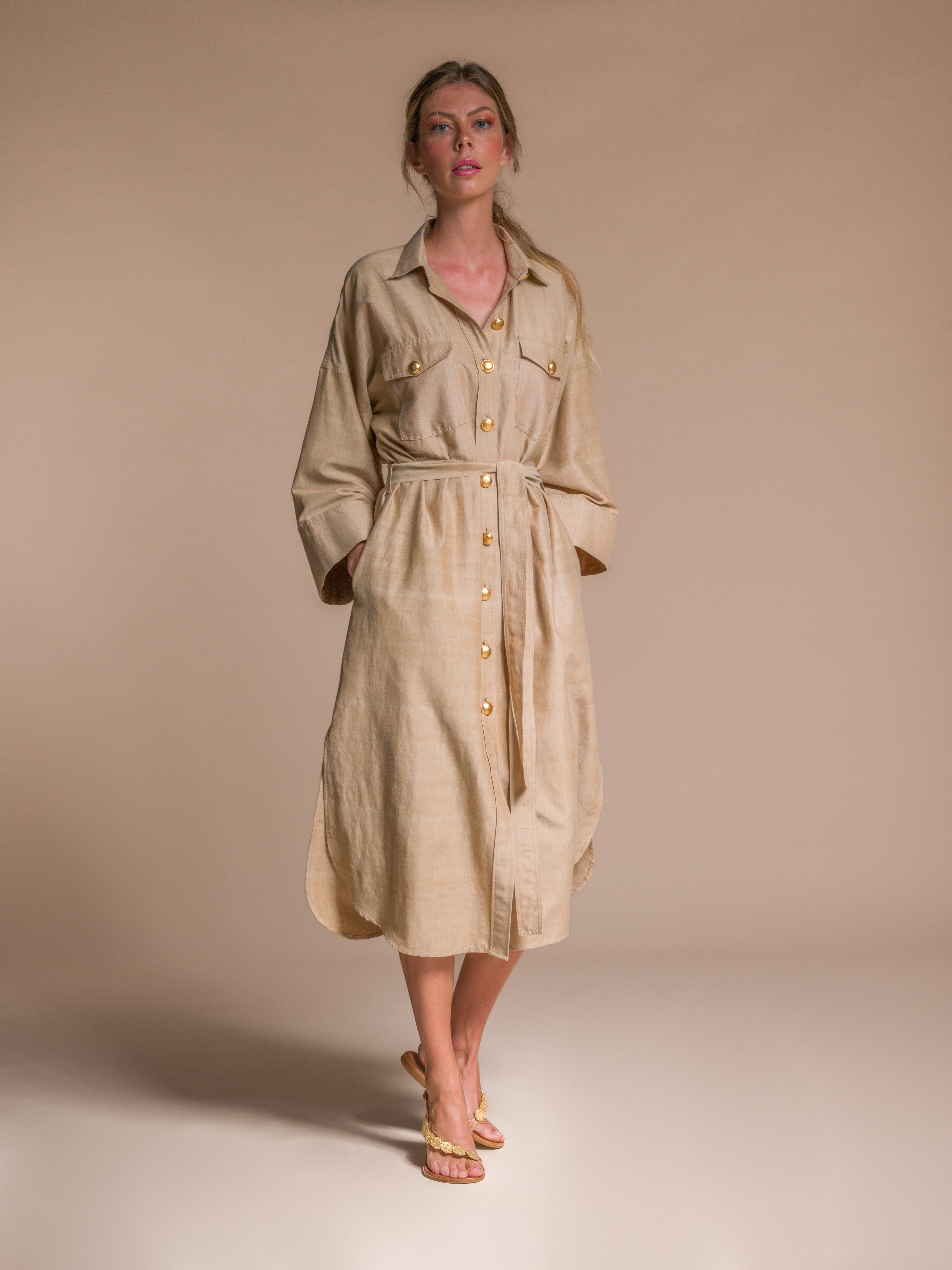 Beige oversize shirt Dress in Silk & Organic Cotton