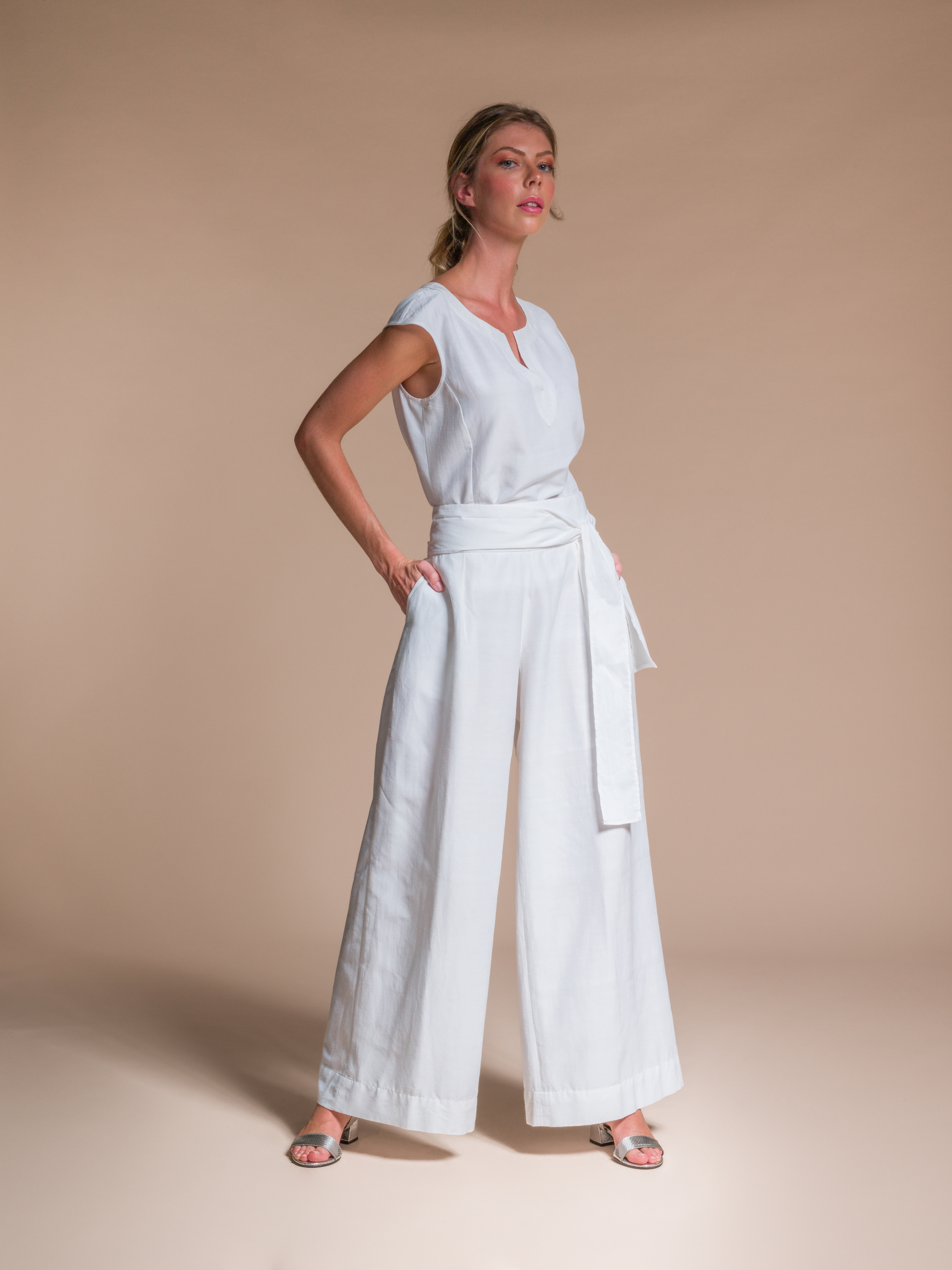 Wide Leg white Palazzo Silk & Organic Cotton Trousers