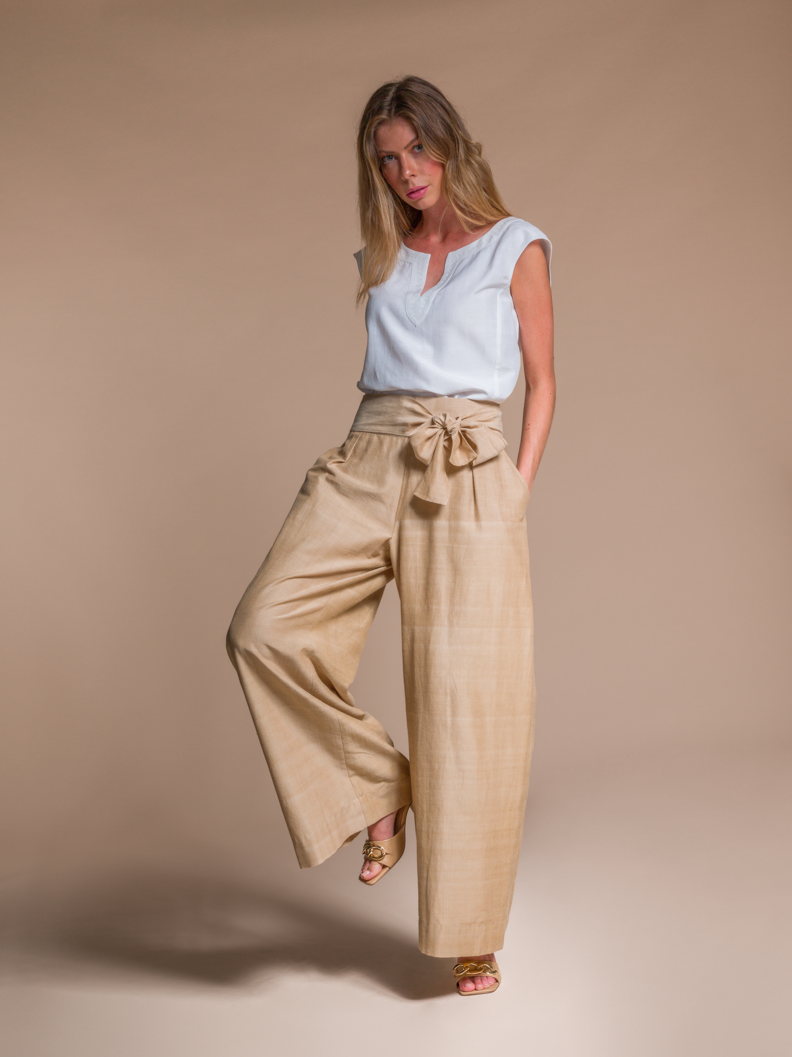 Wide Leg beige Palazzo Silk & Organic Cotton Trousers