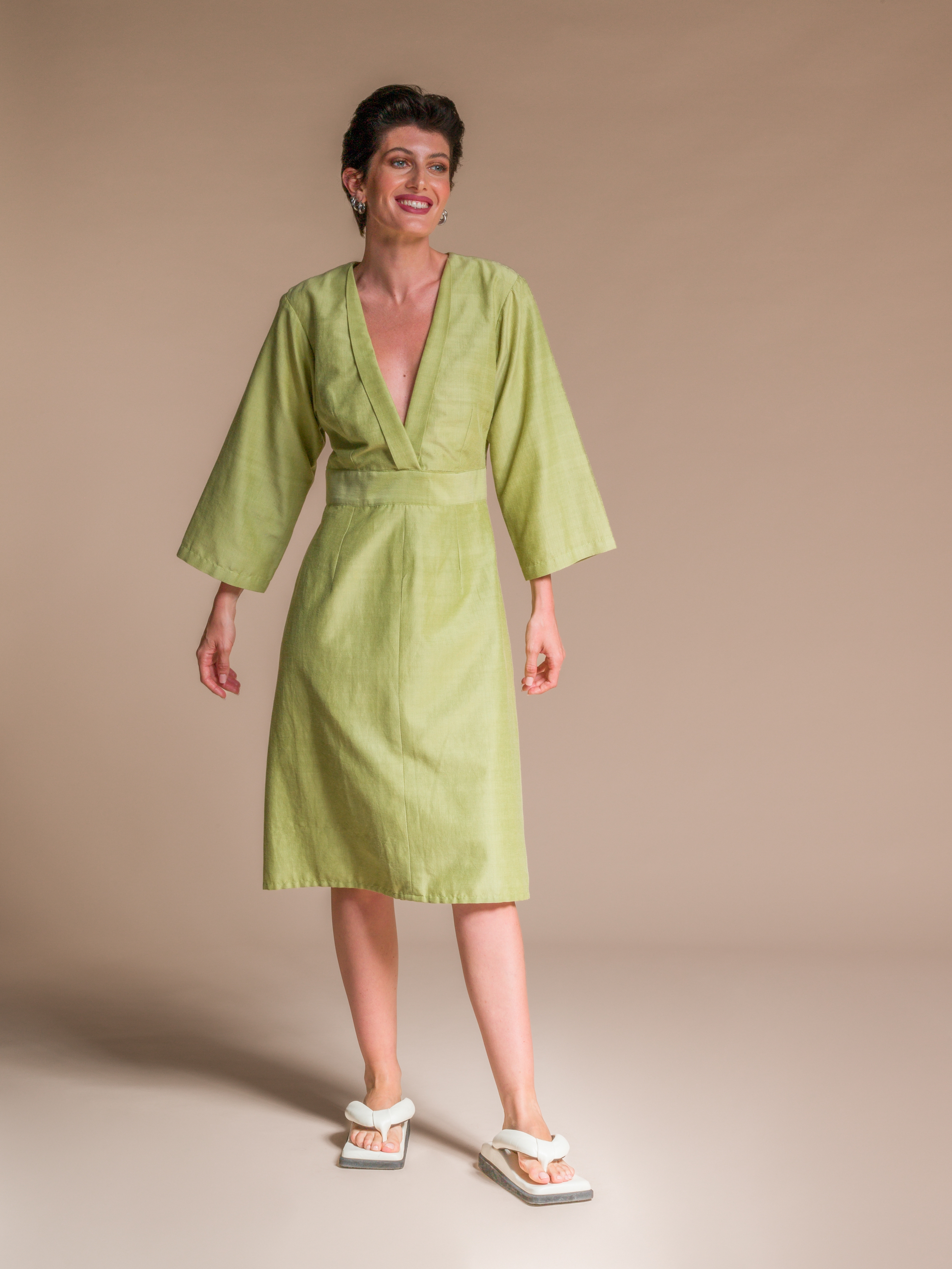 Green kimono Dress in Silk & Organic Cotton