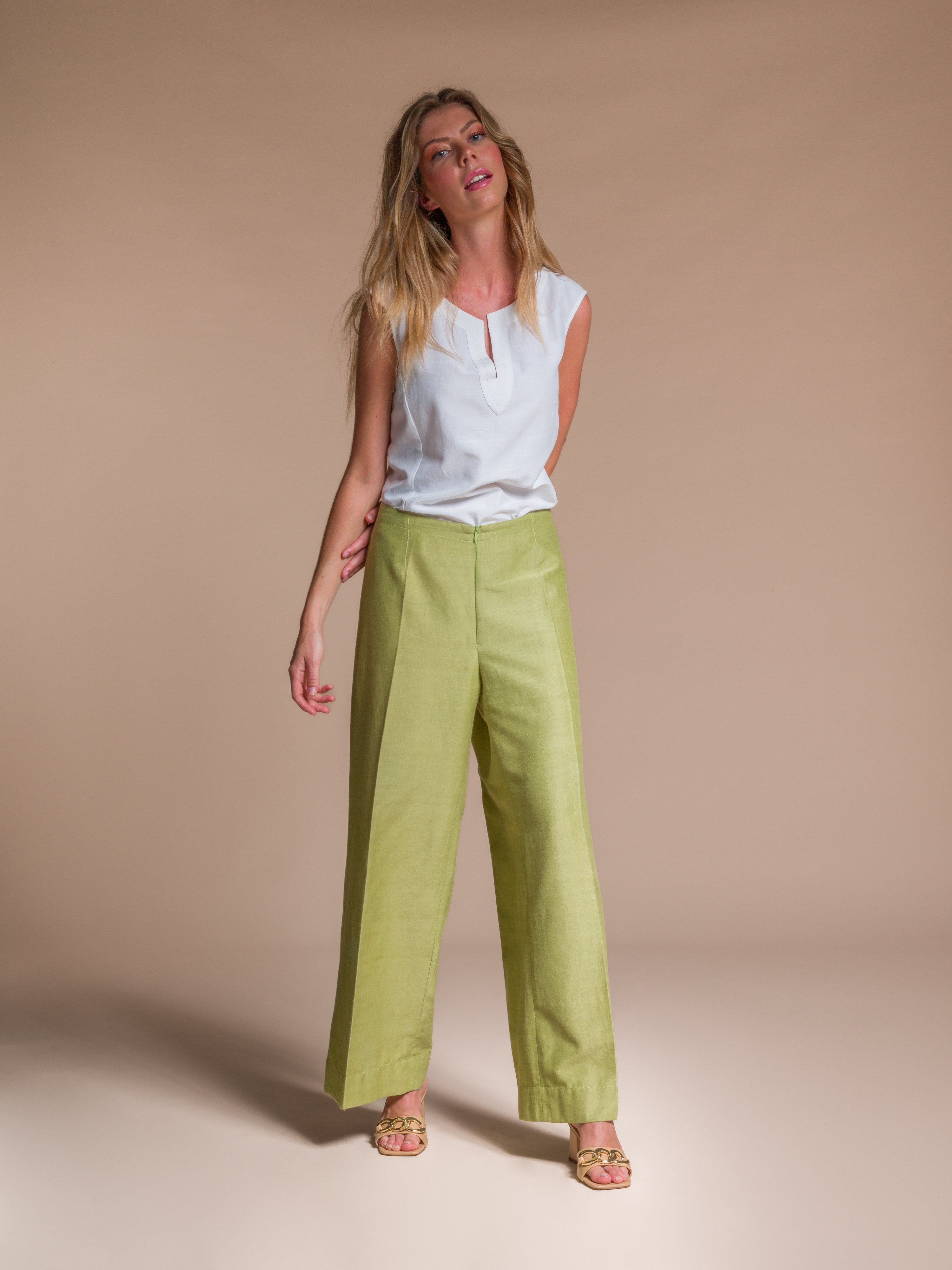 Green straight-leg Trousers in Silk & Organic Cotton