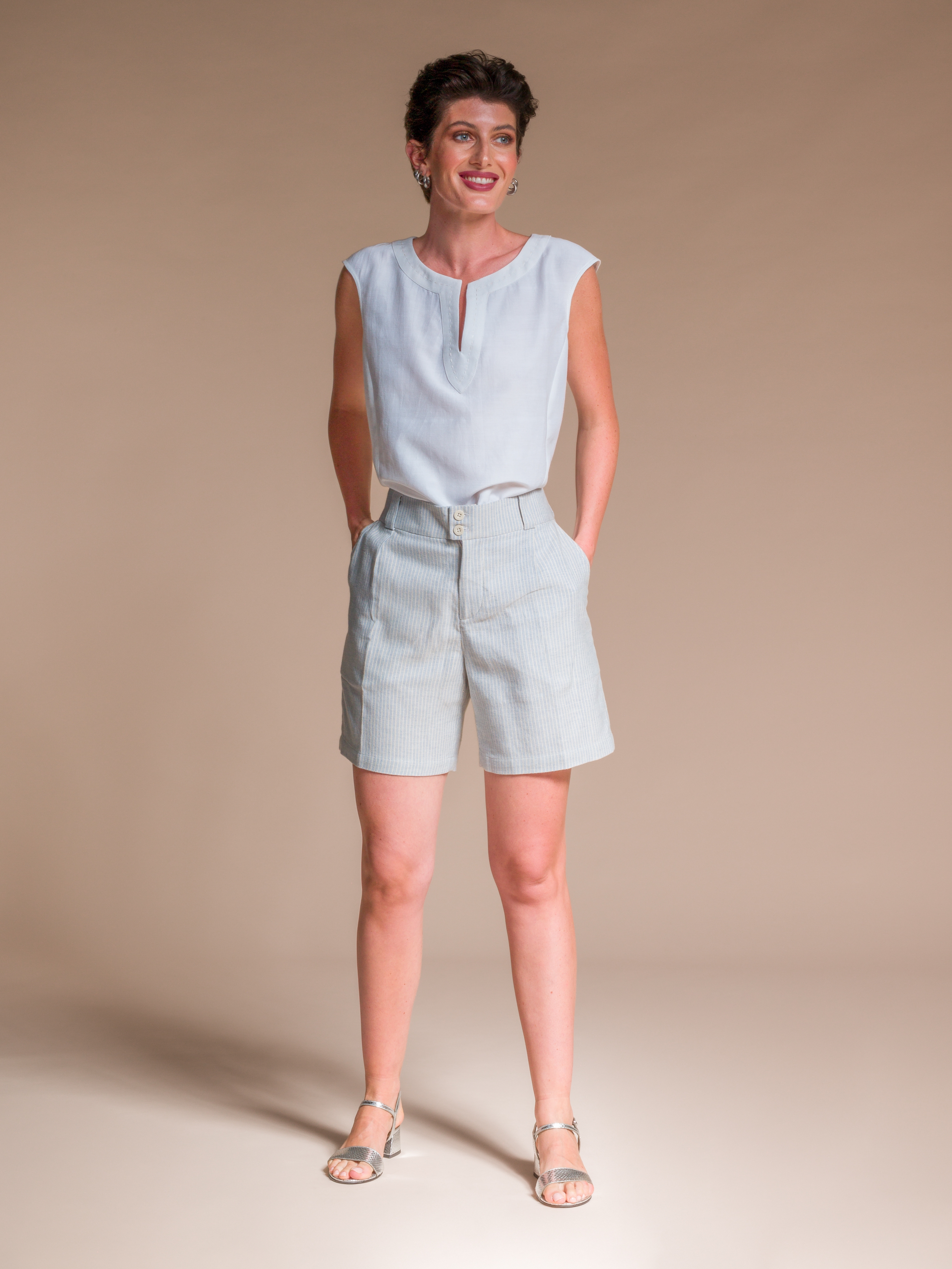 Blue stripe Shorts in Lotus Silk & Organic Cotton